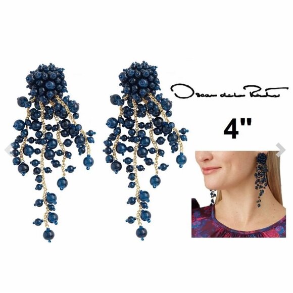 Women’s Oscar De La Renta,Azure Beaded Cascade ClipOn Earrings-4”.NavyBlue/Gold. - Picture 2 of 13